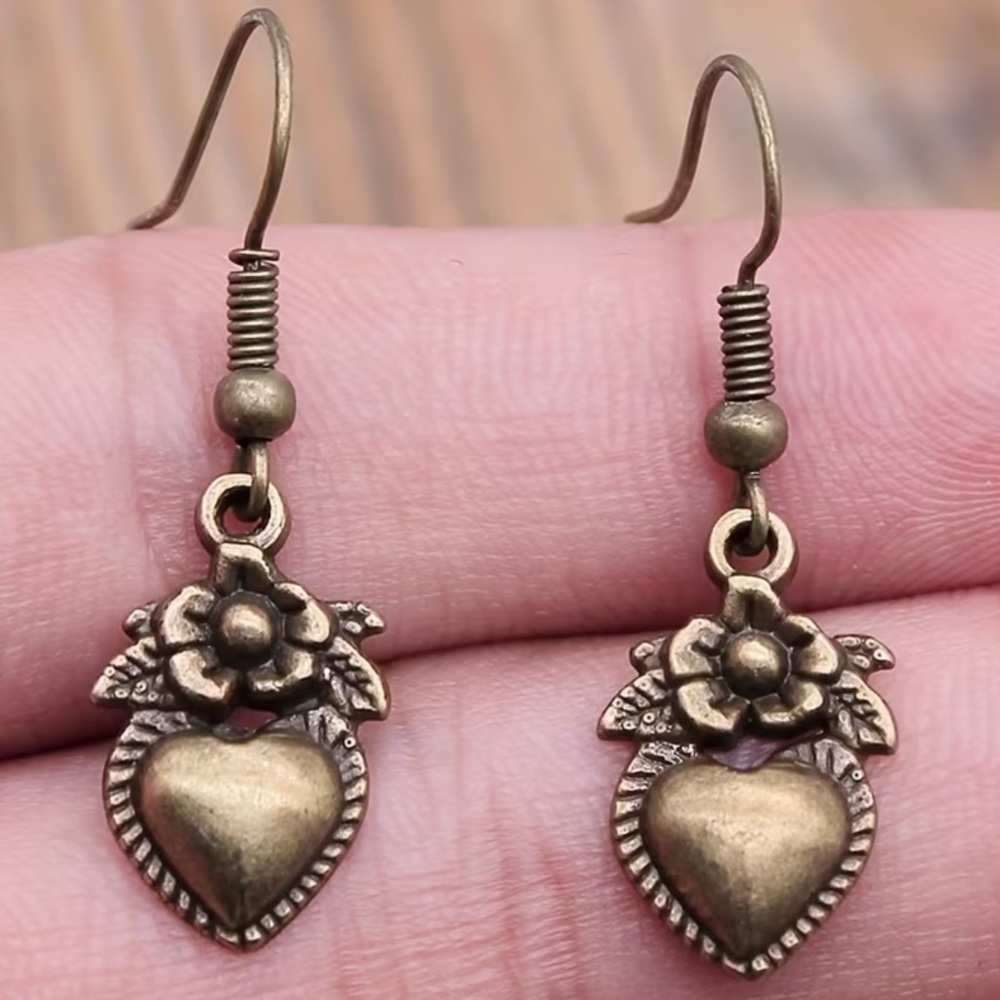 Antique Bronze Flower Heart Dangle Earrings